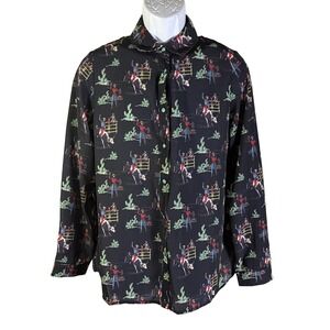 Fashion Express Rodeo Print Shirt Womens Large Black Western Cowboy Bull Riding